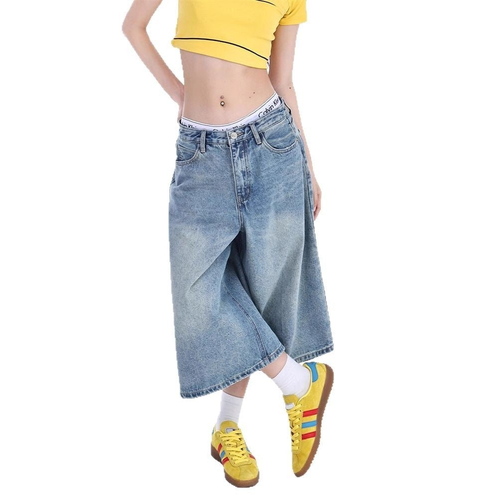 Light Blue Cropped Denim Jeans For Women Thin Style