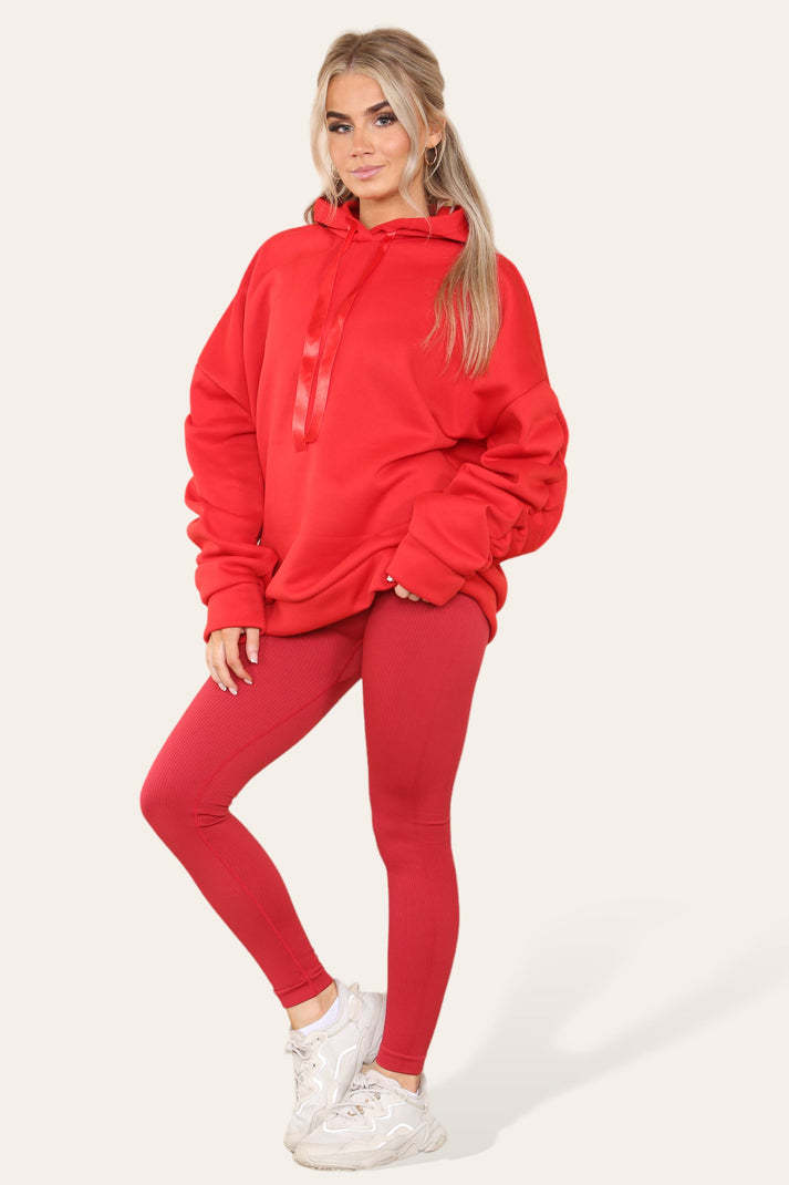 Oversized Ruched Sleeves Hoodie With Satin Ribbon With High Waist High Rise Seamless Ribbed Legging Set