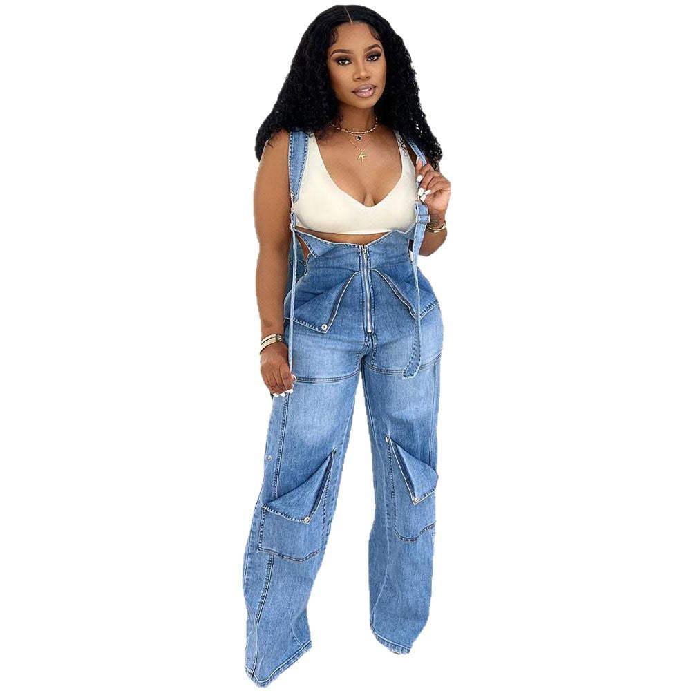 Womens Solid-Color Casual Washed Denim Suspender Overalls With Zipper