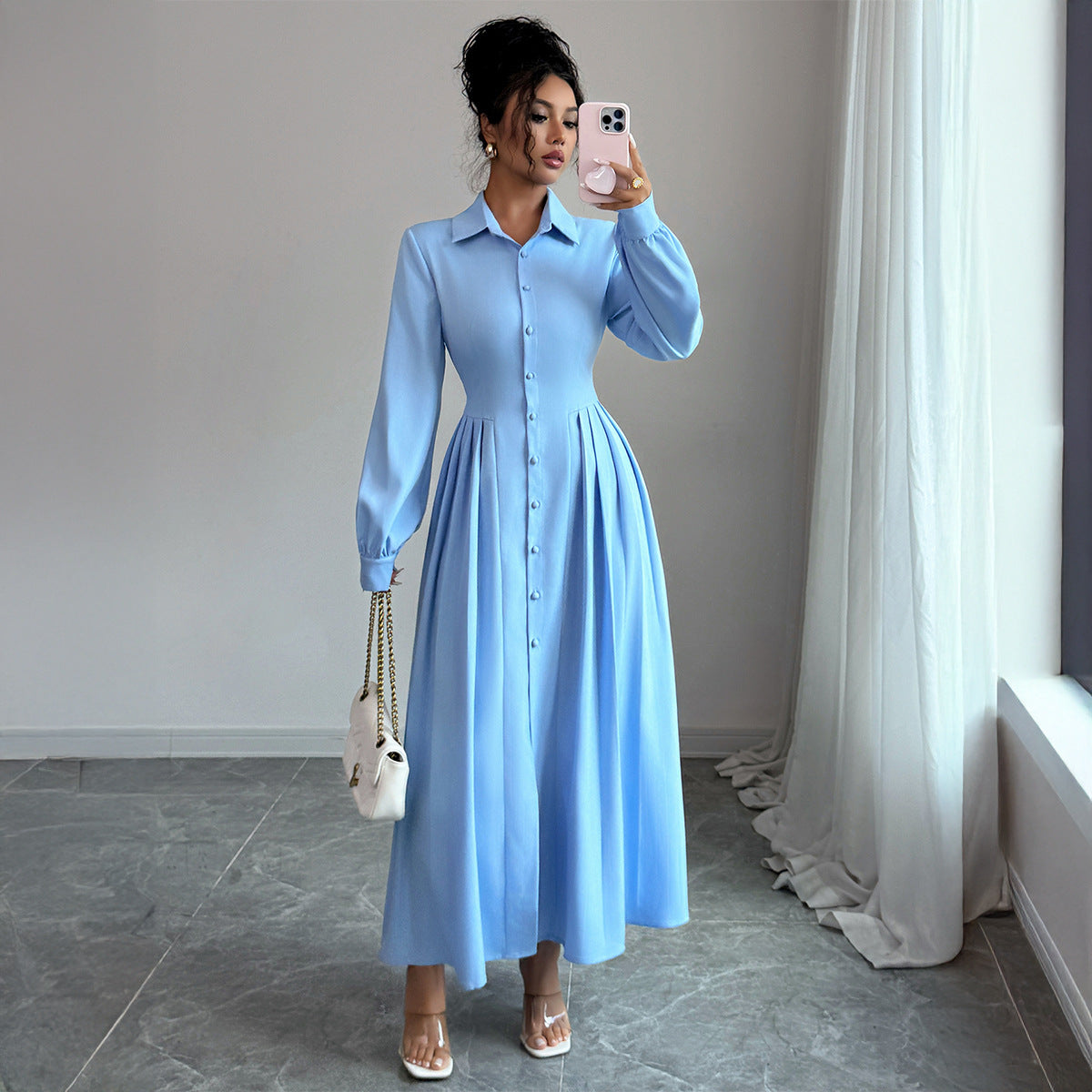 Sleek And Stylish Long-sleeve Button-down Womens Dress