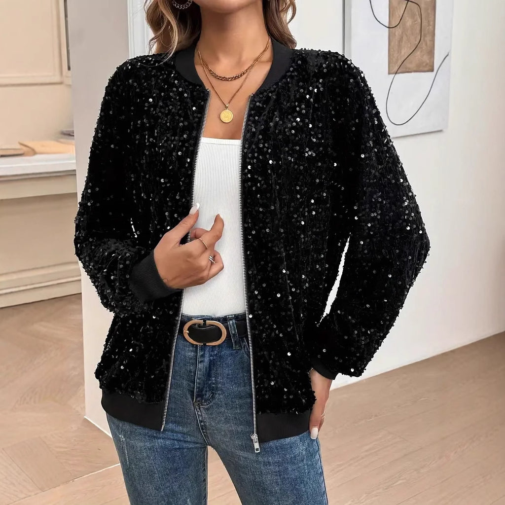 Womens Stylish Cropped Sequin Casual Jacket