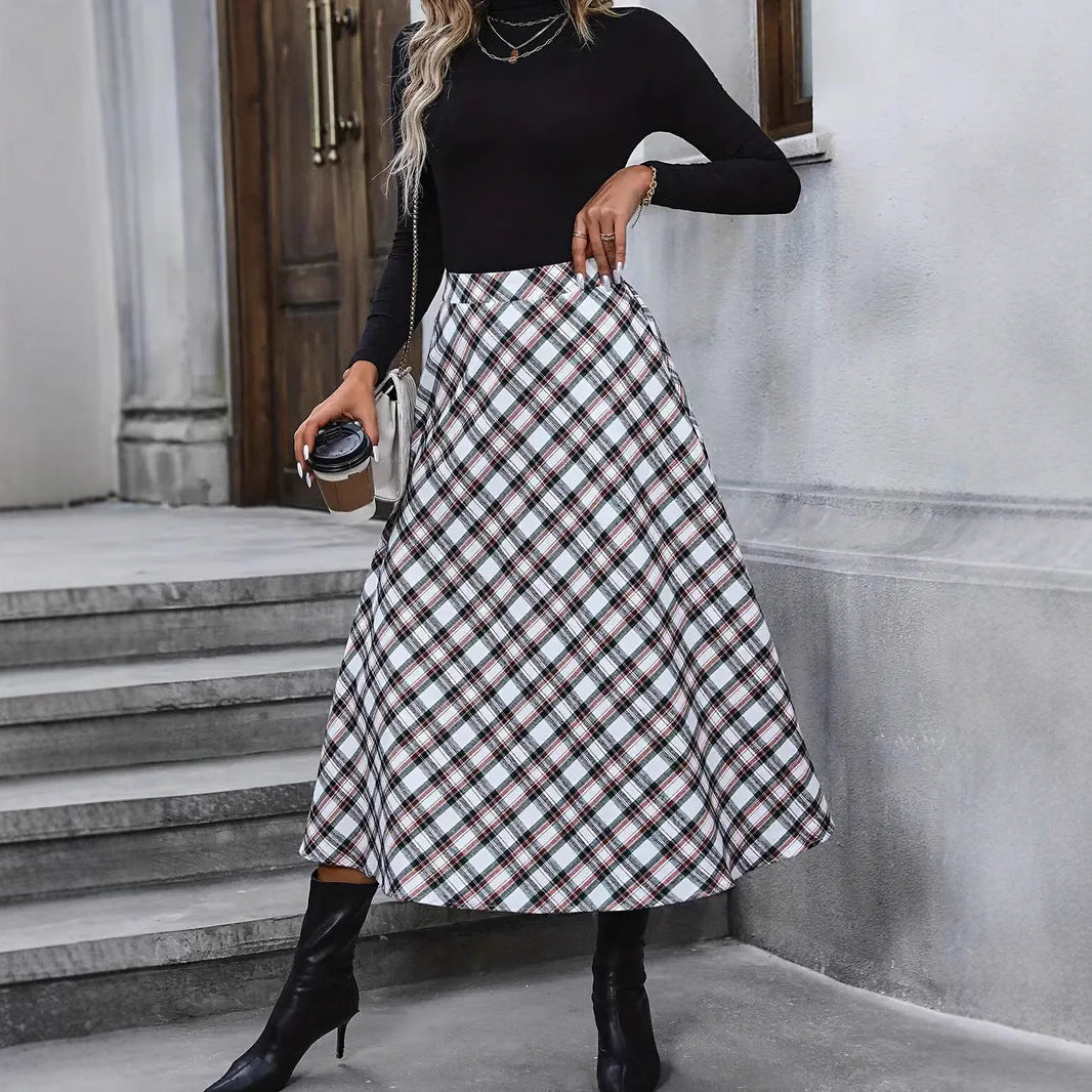Women's High Waist Casual Loose Plaid Midi Dress