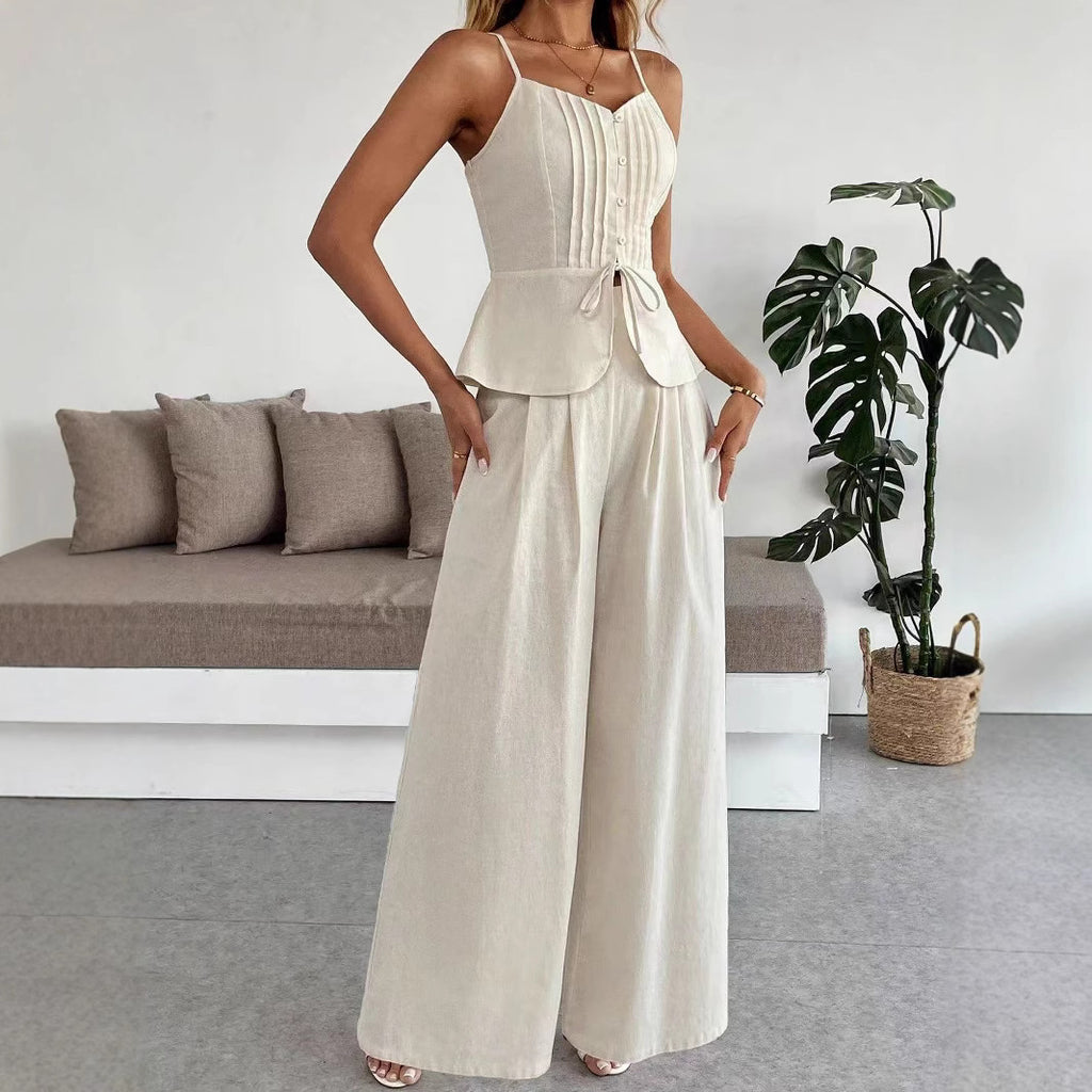 Fashion Suspenders Vest High Waist Wide Leg Pants Two-piece Set