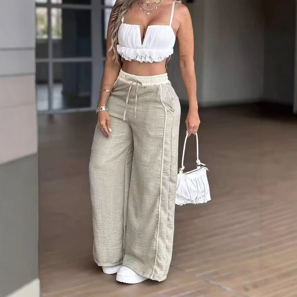 Panel-joined High-waist Straight-leg Wide-leg Pants With Pockets