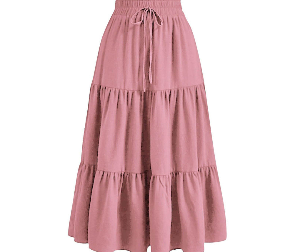 European And American Solid Color Stitching Ruffle Elastic Pocket Skirt