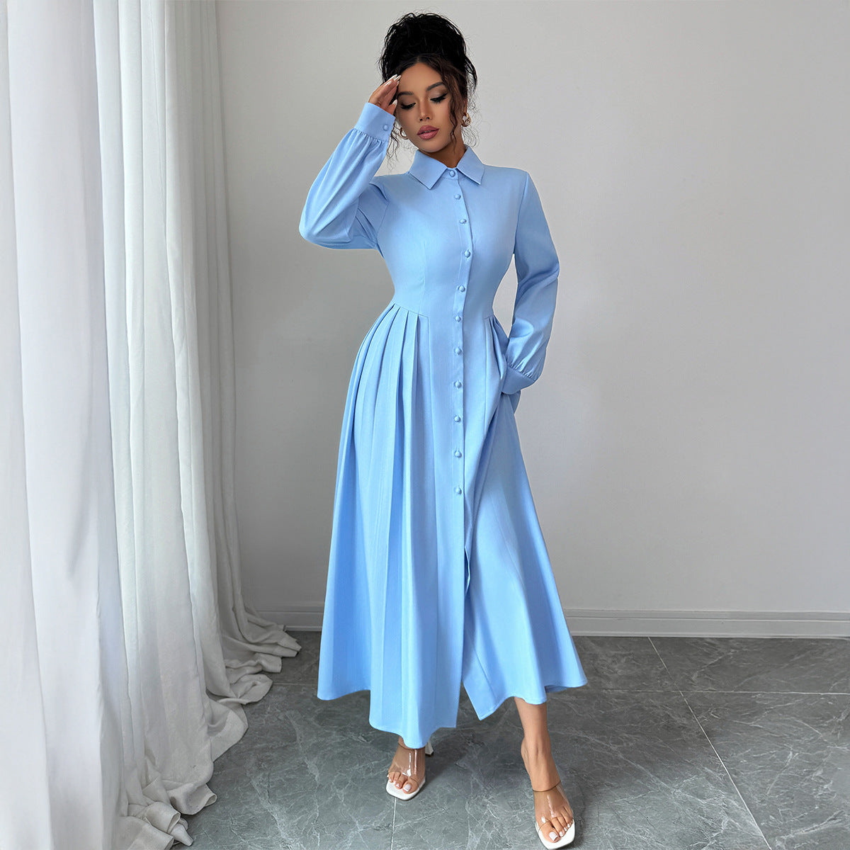 Sleek And Stylish Long-sleeve Button-down Womens Dress