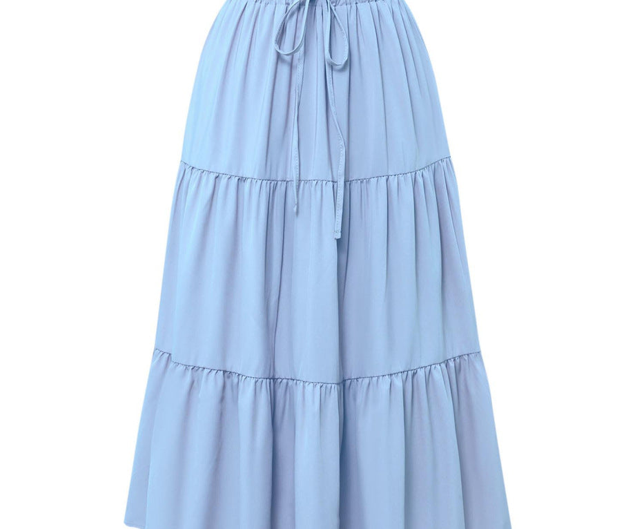 European And American Solid Color Stitching Ruffle Elastic Pocket Skirt