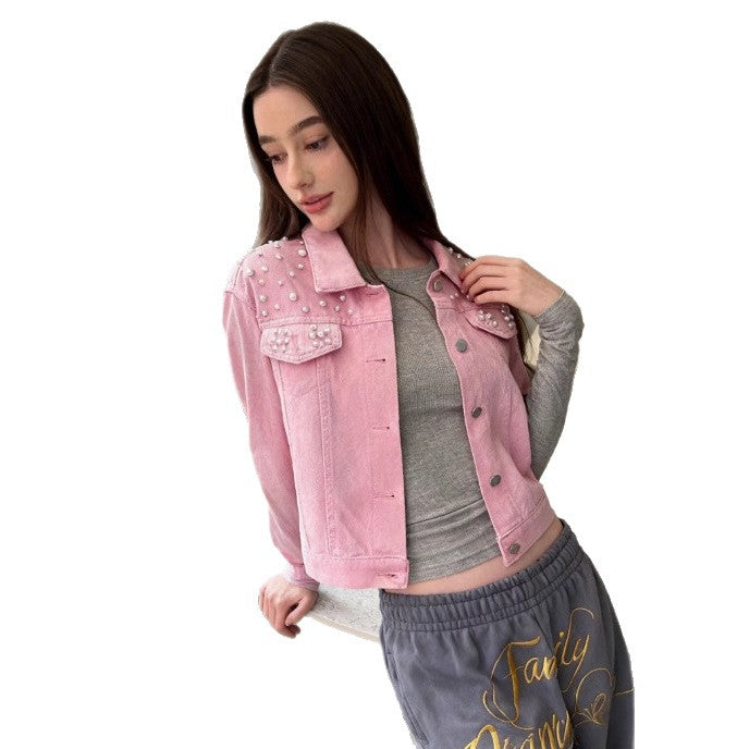 Womens Fashionable Heavy-Detailed Beaded Denim Jacket