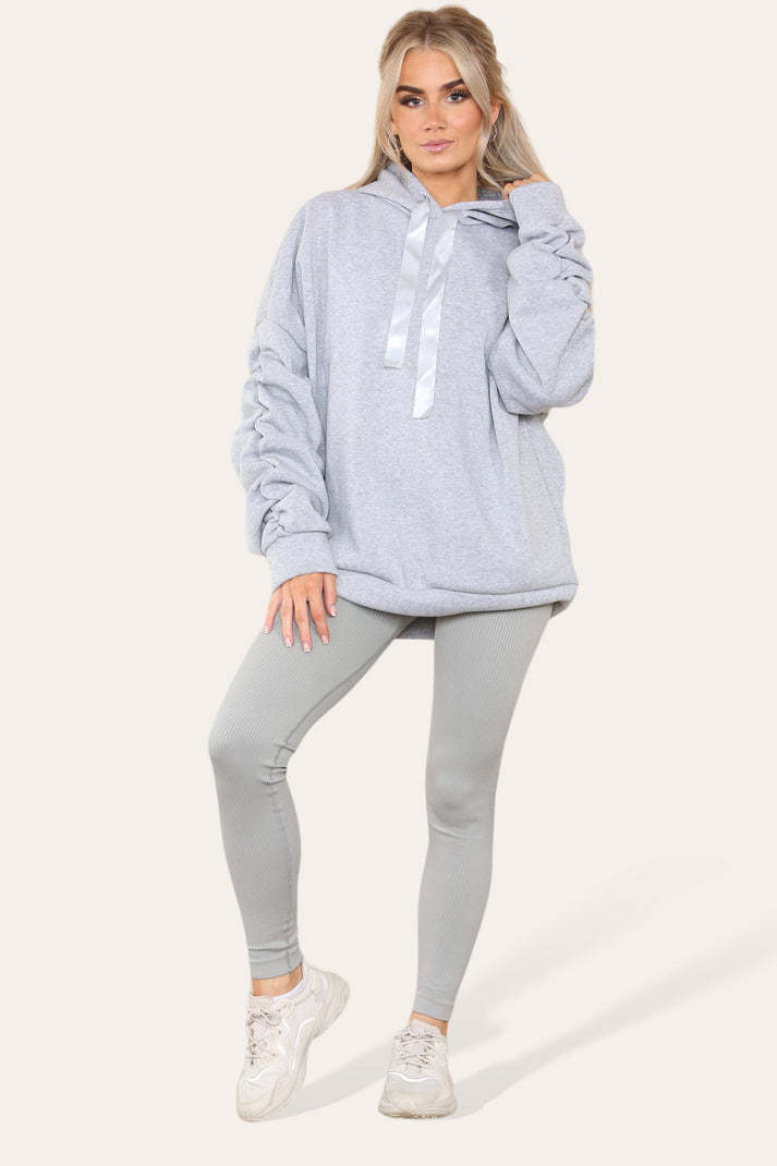 Oversized Ruched Sleeves Hoodie With Satin Ribbon With High Waist High Rise Seamless Ribbed Legging Set