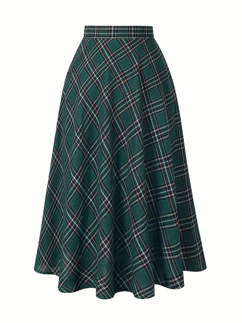Women's High Waist Casual Loose Plaid Midi Dress