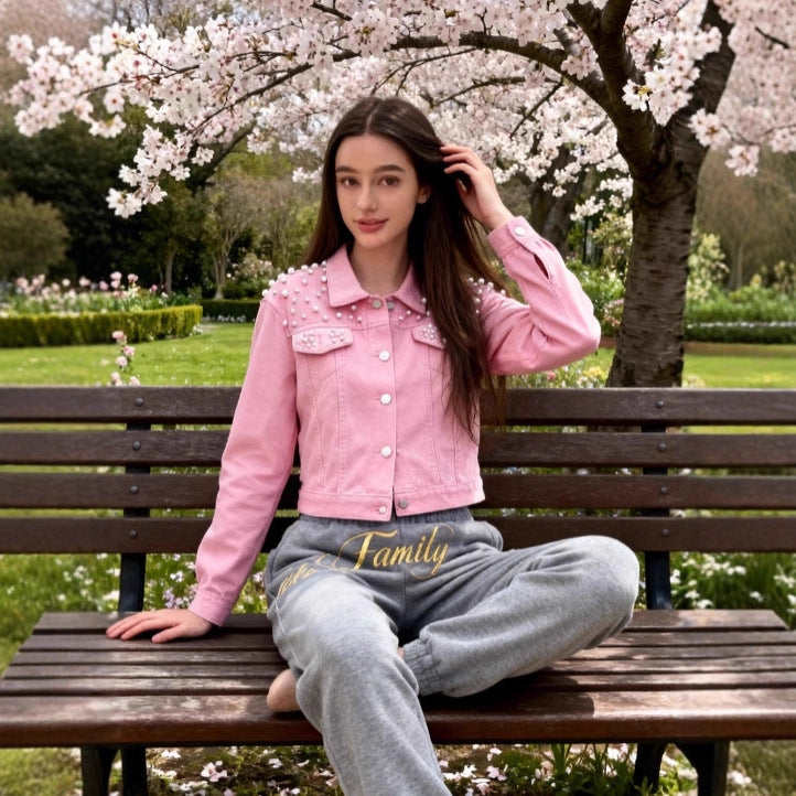Womens Fashionable Heavy-Detailed Beaded Denim Jacket