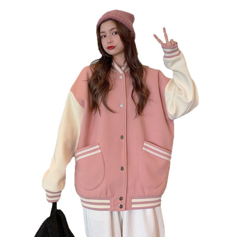 Womens Fashionable Preppy-Style Casual Crew-Neck Jacket