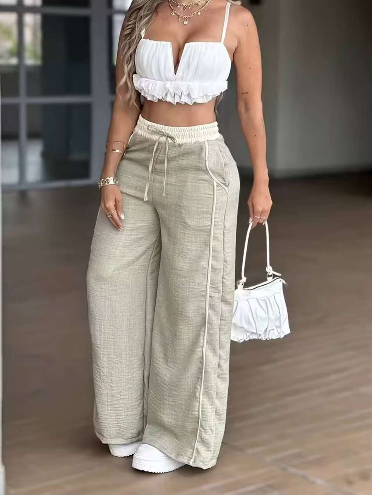 Panel-joined High-waist Straight-leg Wide-leg Pants With Pockets