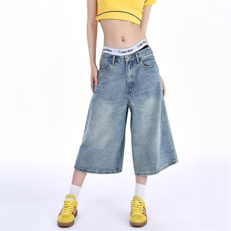 Light Blue Cropped Denim Jeans For Women Thin Style