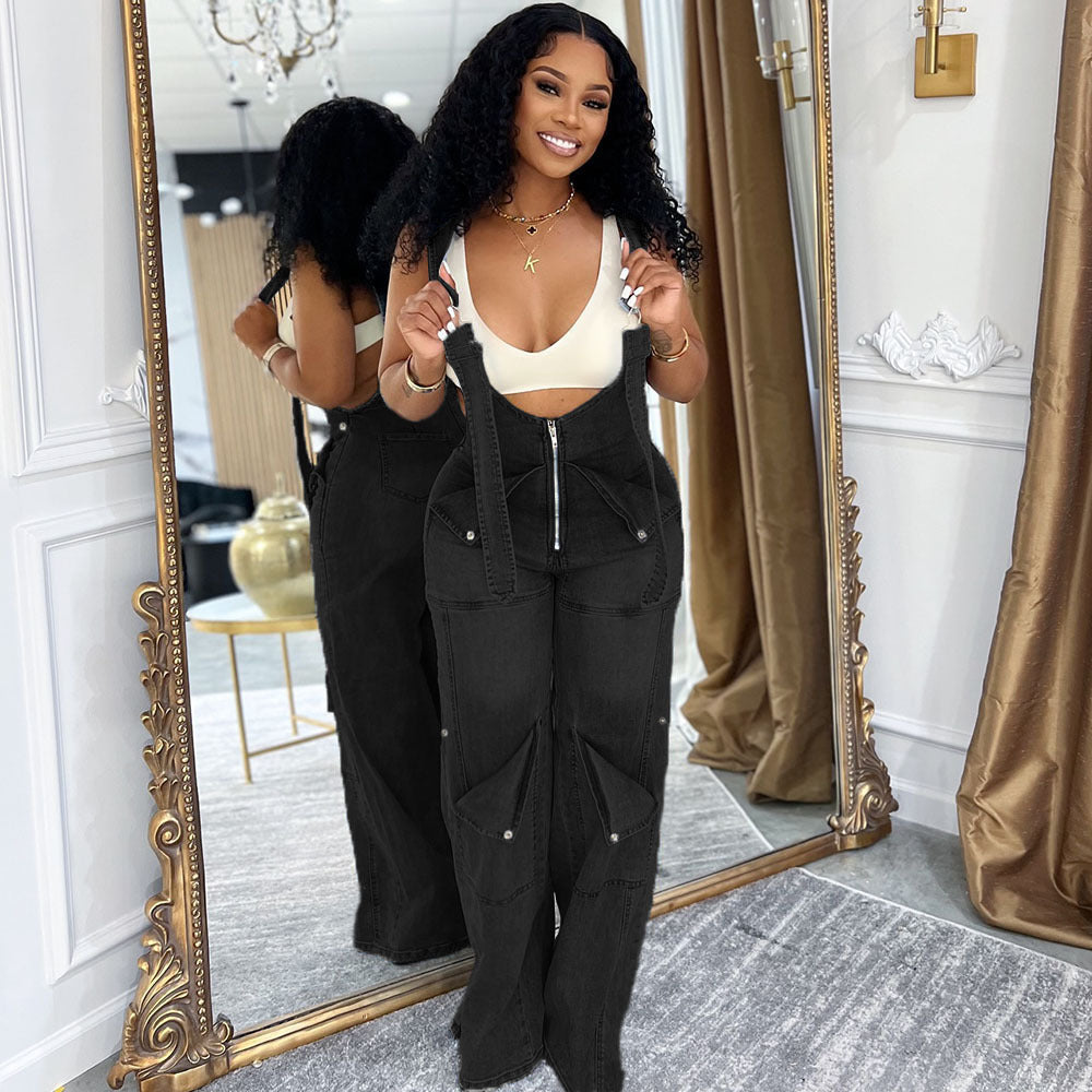 Womens Solid-Color Casual Washed Denim Suspender Overalls With Zipper