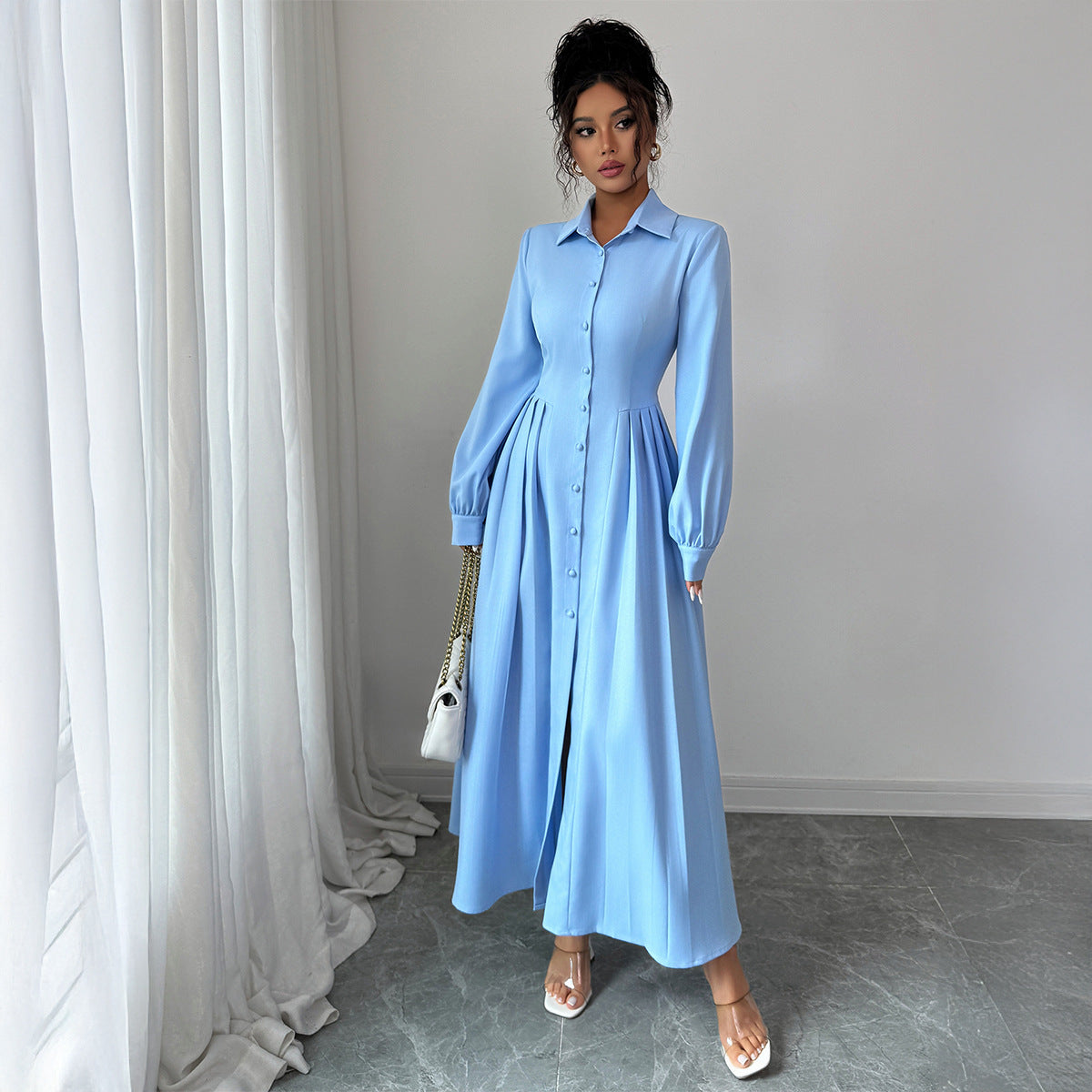 Sleek And Stylish Long-sleeve Button-down Womens Dress