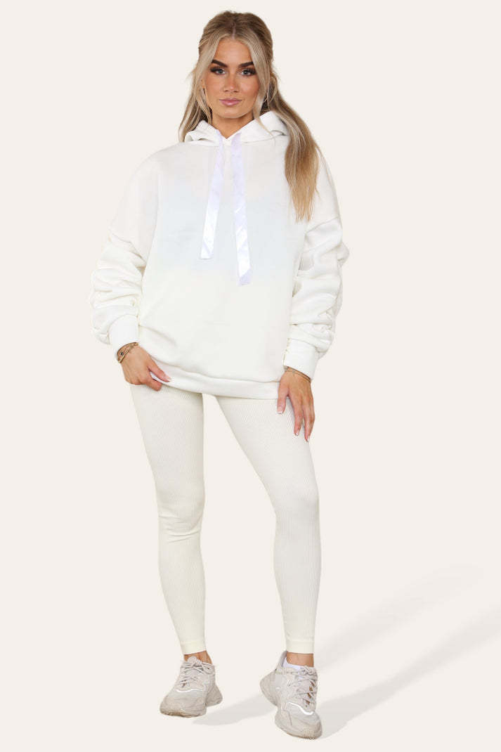 Oversized Ruched Sleeves Hoodie With Satin Ribbon With High Waist High Rise Seamless Ribbed Legging Set