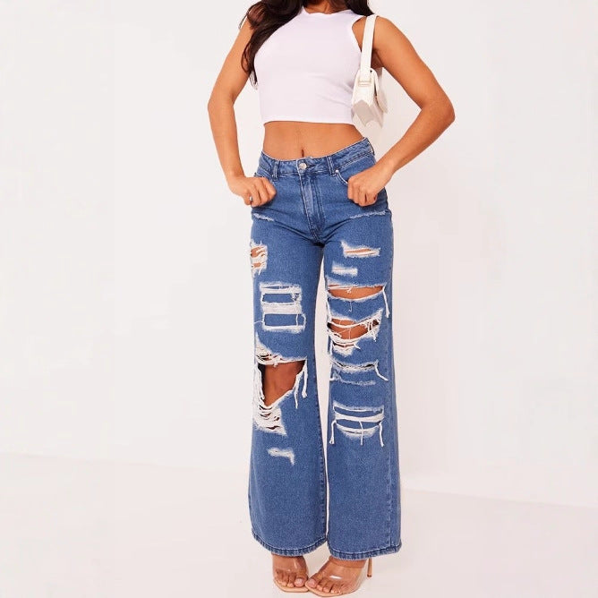 Solid Color Distressed Washed Denim Jeans