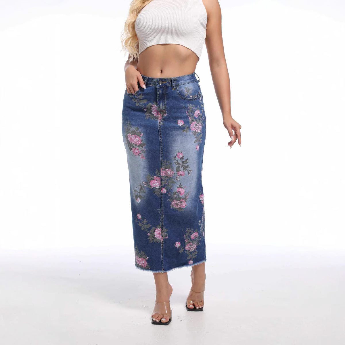 Womens Loose Casual Mid-Length Denim Skirt With A Print