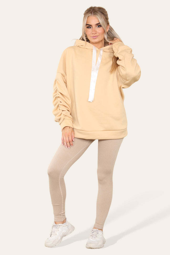 Oversized Ruched Sleeves Hoodie With Satin Ribbon With High Waist High Rise Seamless Ribbed Legging Set