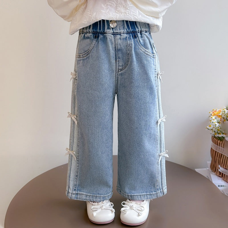 New Autumn Denim Wide-Leg Straight Pants With Bow For Kids