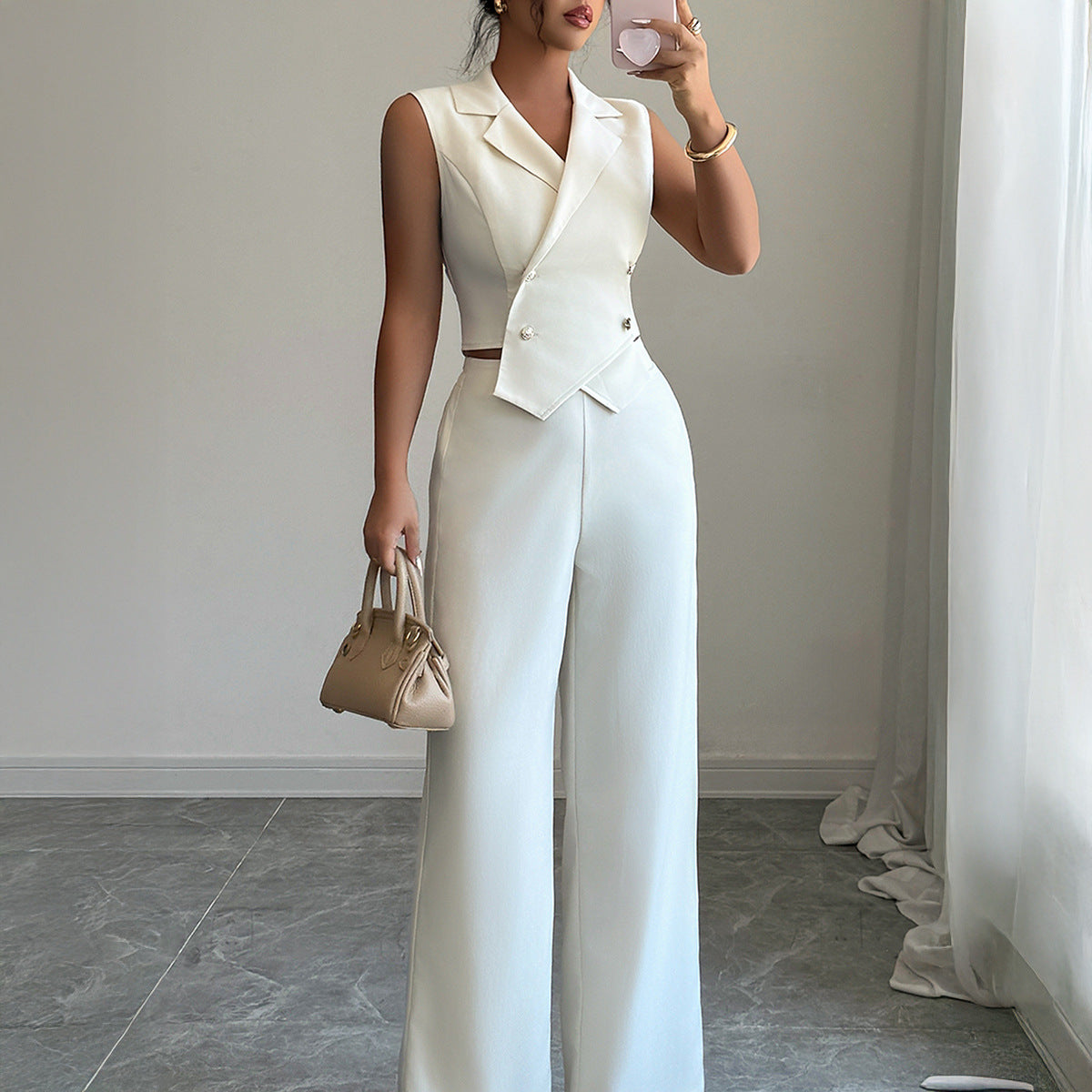 Elegant Waist-cinching Top Paired With A Flowy Wide-leg Pantsuit